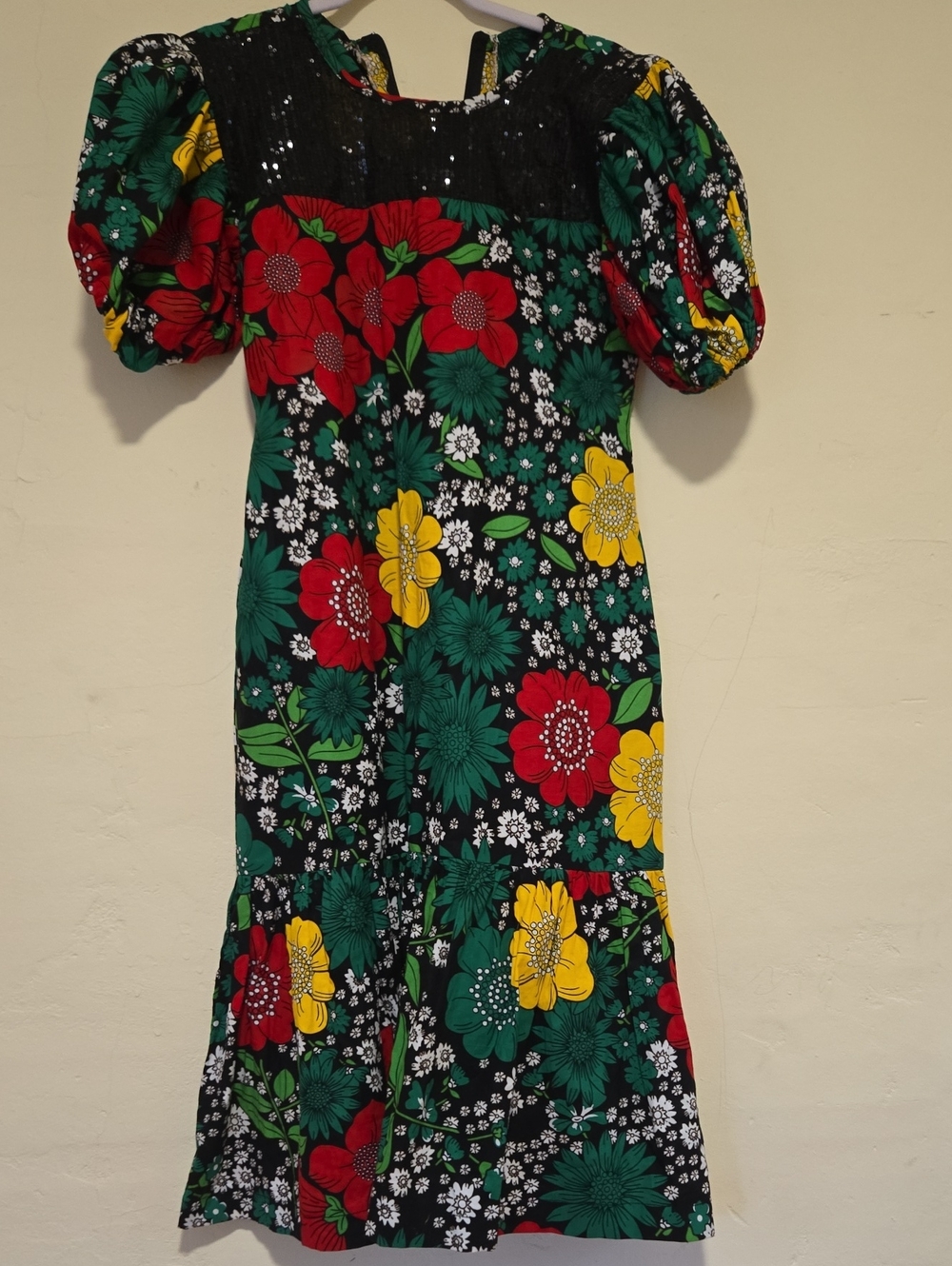 Handmade "FARM RIO" INSPIRED Black Floral Puff-Sleeve Midi Dress